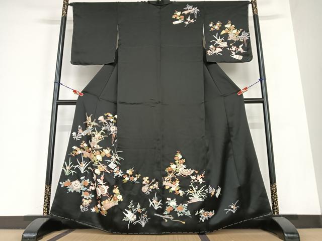 平和屋着物●訪問着 友禅 花楽器文 黒地 金彩 正絹 逸品 未使用 AABC0104zg