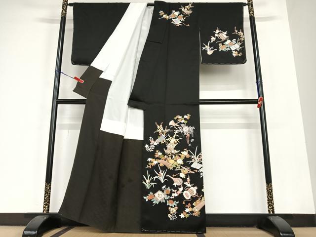 平和屋着物●訪問着 友禅 花楽器文 黒地 金彩 正絹 逸品 未使用 AABC0104zg