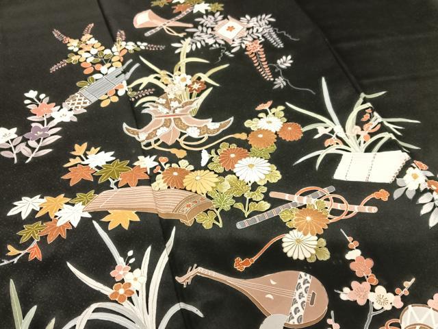 平和屋着物●訪問着 友禅 花楽器文 黒地 金彩 正絹 逸品 未使用 AABC0104zg
