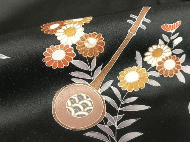 平和屋着物●訪問着 友禅 花楽器文 黒地 金彩 正絹 逸品 未使用 AABC0104zg