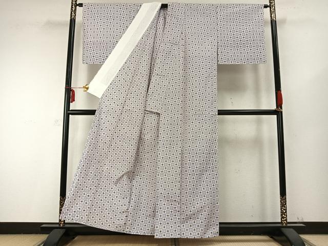 平和屋着物▽上質な紬 単衣 市松花文 正絹 逸品 AABC0243fy