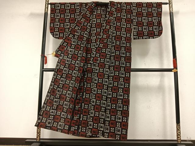 平和屋着物●久留米絣 単衣 市松文様 黒地 綿 逸品 AABC0269fy
