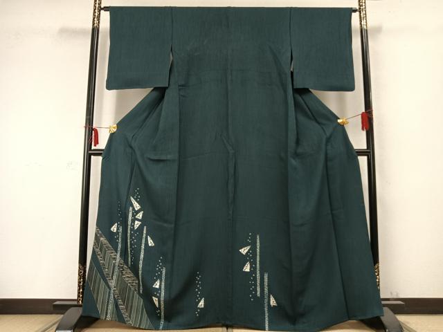 平和屋着物▽訪問着 単衣 絞り 幾何学文様 銀彩 正絹 逸品 AABC0329fy