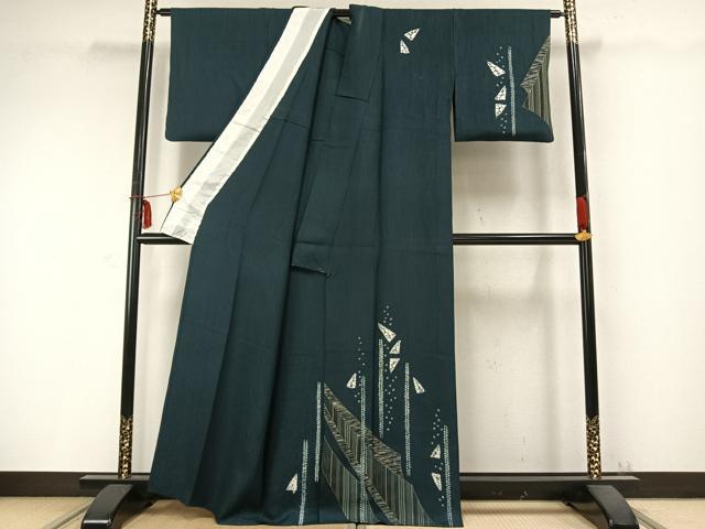 平和屋着物▽訪問着 単衣 絞り 幾何学文様 銀彩 正絹 逸品 AABC0329fy