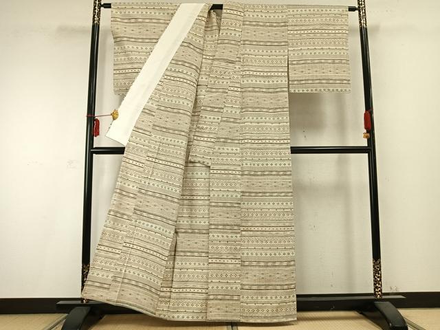 平和屋着物▽上質な紬 単衣 100亀甲 横段文 正絹 逸品 AABC0365fy