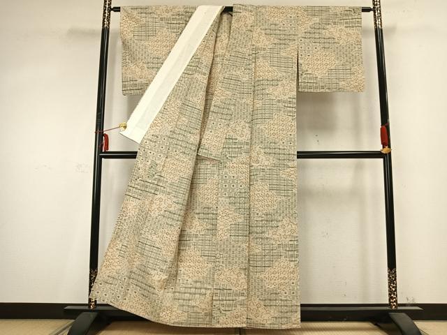 平和屋着物▽上質な紬 単衣 吉祥花文 正絹 逸品 AABC0424fy