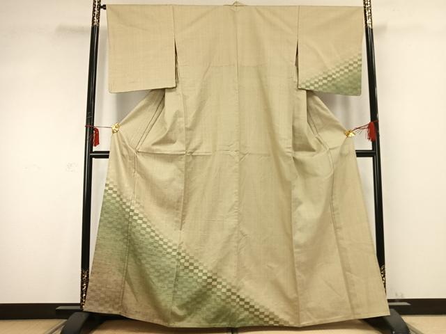 平和屋着物▽訪問着 単衣 紬地 市松文様 正絹 逸品 未使用 AABC0432fy