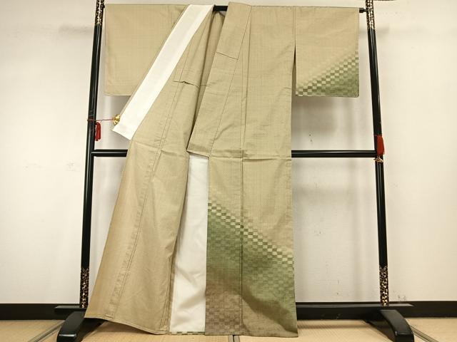 平和屋着物▽訪問着 単衣 紬地 市松文様 正絹 逸品 未使用 AABC0432fy