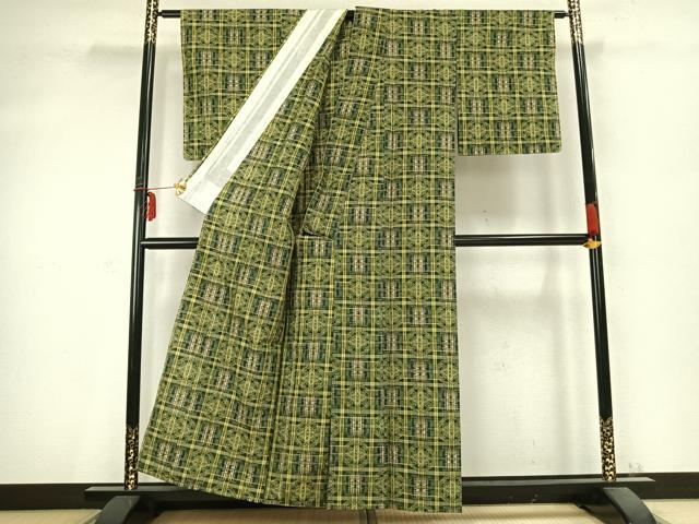 平和屋着物▽上質な紬 単衣 幾何学文様 正絹 逸品 未使用 AABC0433fy