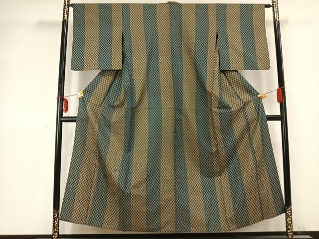 平和屋着物▽上質な紬 単衣 市松文様 正絹 逸品 AABC0458fy