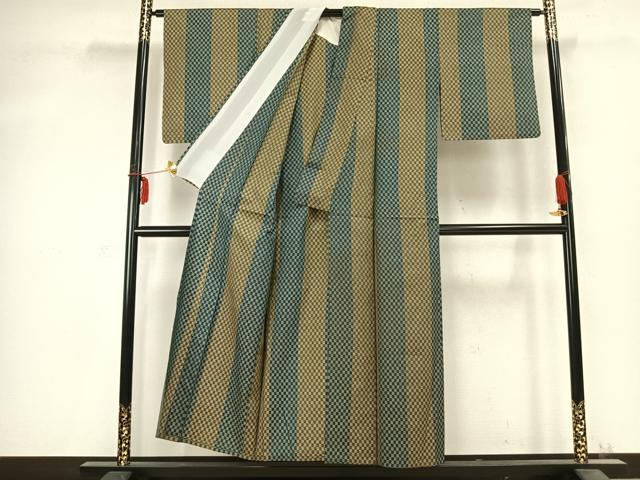 平和屋着物▽上質な紬 単衣 市松文様 正絹 逸品 AABC0458fy