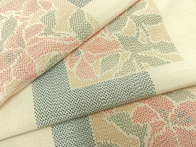平和屋着物▽上質な紬 単衣 色紙重ね草花文 正絹 逸品 AABC0483fy