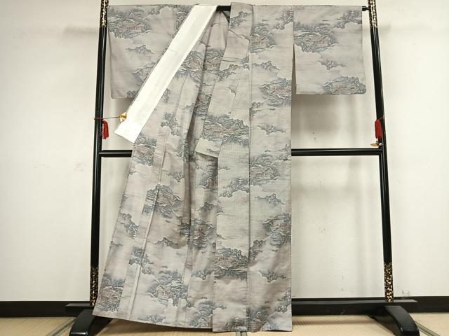 平和屋着物▽都喜ヱ門 本場大島紬 白大島 単衣 雲取り風景文 総絣 藤絹織物謹製 正絹 逸品 AABC0485fy