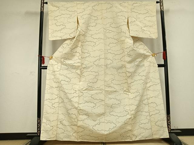 平和屋着物▽上質な紬 単衣 雲取り文 正絹 逸品 AABC0516fy