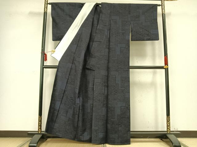 平和屋着物▽上質な紬 単衣 色紙重ね花文 正絹 逸品 AABC0520fy