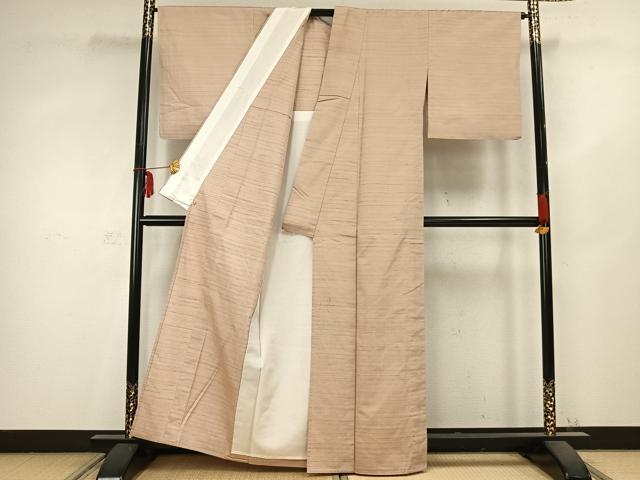 平和屋着物▽紅花紬 米沢 単衣 横縞 三越扱い 正絹 逸品 AABC0528fy