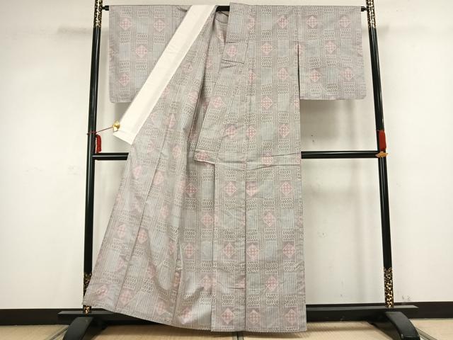 平和屋着物▽上質な紬 単衣 幾何学文様 正絹 逸品 AABC0536fy