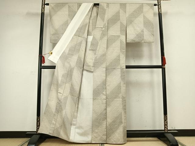平和屋着物▽上質な紬 単衣 斜縞 正絹 逸品 AABC0541fy