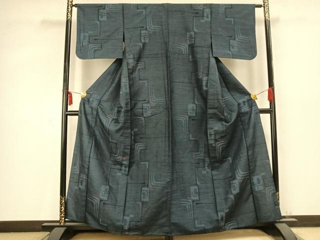 平和屋着物▽上質な紬 単衣 幾何学文様 正絹 逸品 AABC0543fy