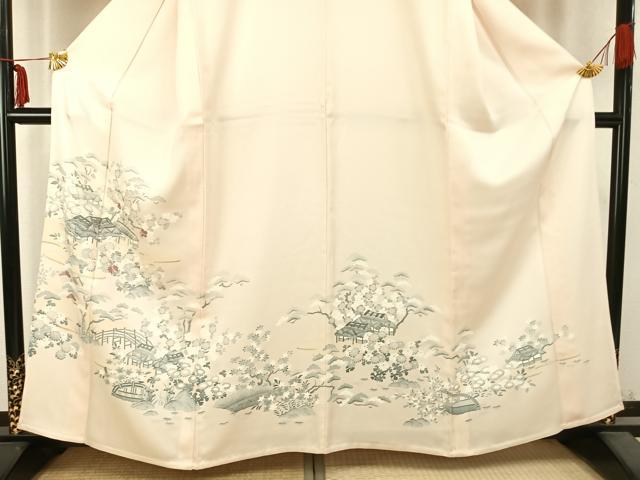 平和屋着物▽訪問着 単衣 刺繍 風景草花文 銀糸 正絹 逸品 AABC0556fy