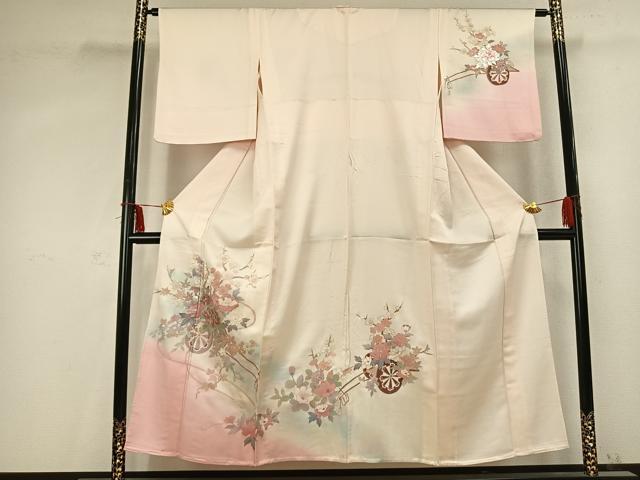 平和屋着物▽訪問着 単衣 片輪車花文 暈し染め 銀彩 正絹 逸品 AABC0577fy