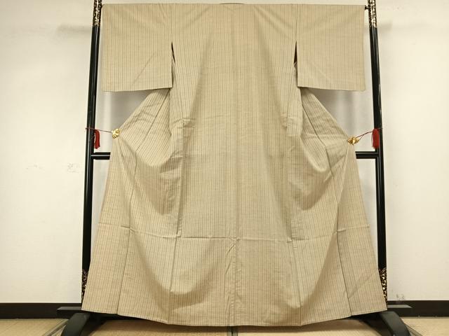 平和屋着物▽上質な紬 単衣 縞 正絹 逸品 AABC0593fy