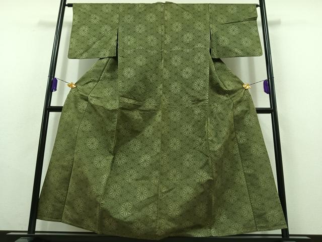 平和屋着物▽上質な紬 単衣 麻の葉文様 正絹 逸品 AABC0702jh