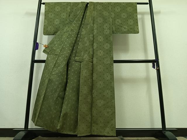 平和屋着物▽上質な紬 単衣 麻の葉文様 正絹 逸品 AABC0702jh