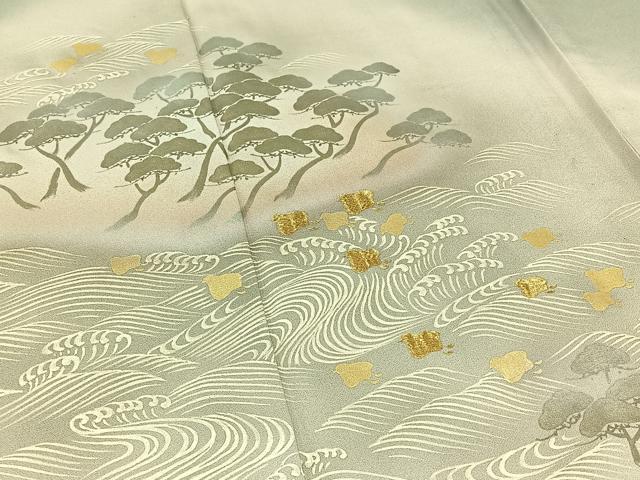 平和屋着物▽訪問着 単衣 刺繍 立波千鳥文 暈し染め 金糸 金銀彩 正絹 逸品 AABC0709jh