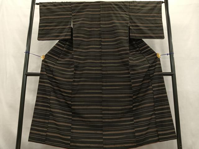 平和屋着物■上質な紬 横縞 黒地 正絹 逸品 AABC0738oa