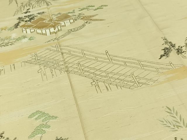 平和屋着物▽訪問着 単衣 紬地 風景文 正絹 逸品 AABC1223jh
