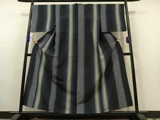 平和屋着物▽上質な紬 単衣 縞 正絹 逸品 AABC1225jh