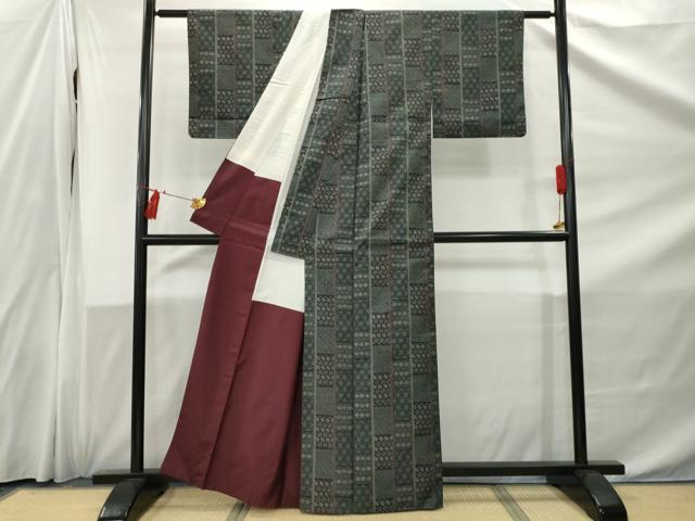 平和屋着物■上質な紬 吉祥文様 黒地 正絹 逸品 AABC1506nf