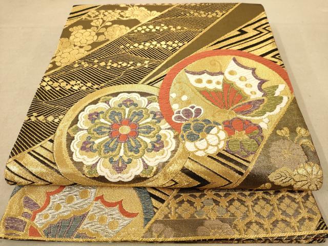 平和屋着物◎六通柄袋帯 唐織 花蝶丸文 金糸 正絹 逸品 AABC1565dt