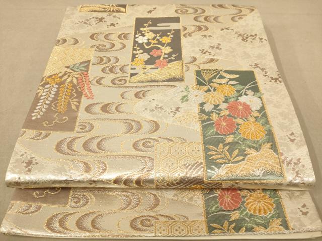 平和屋着物◎西陣 六通柄袋帯 唐織 短冊花文 銀糸 正絹 逸品 AABC1570dt