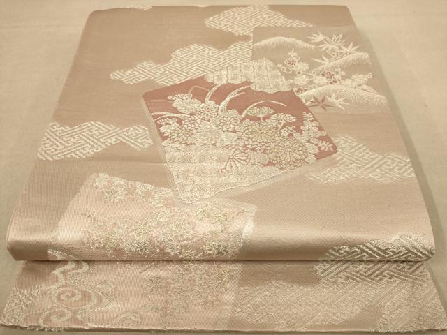 平和屋着物◎六通柄袋帯 色紙重ね花文 正絹 逸品 AABC1623dt