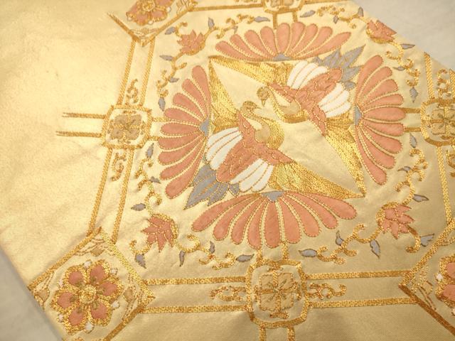 平和屋着物◎太鼓柄袋帯 駒刺繍 双鶴花文 金糸 正絹 逸品 AABC1651dt