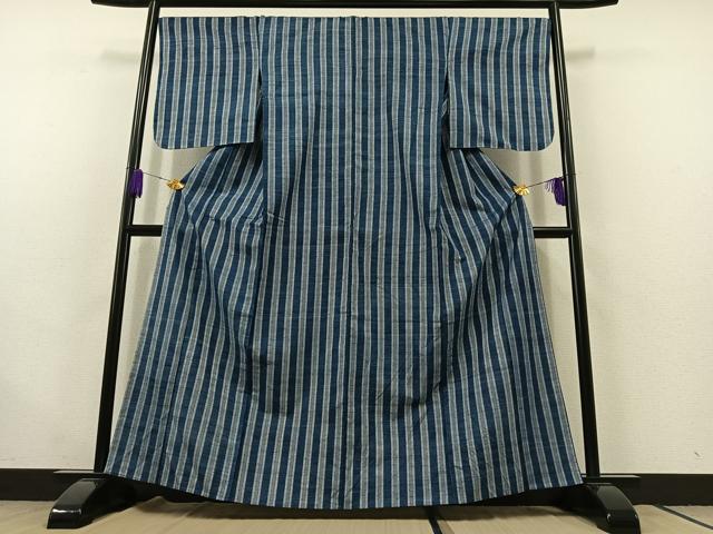 平和屋着物▽上質な紬 単衣 縞 正絹 逸品 AABC1696jh