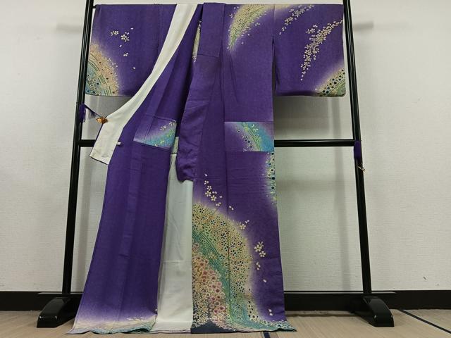 平和屋着物▽訪問着 単衣 草花文 暈し染め 金彩 金通し地 ロング丈 正絹 逸品 AABC1701jh