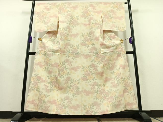 平和屋着物▽本塩沢 単衣 草花文 正絹 逸品 AABC1703jh