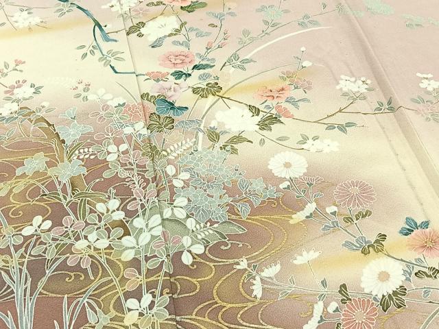 平和屋着物▽訪問着 単衣 草花文 暈し染め 金彩 正絹 逸品 AABC1714jh