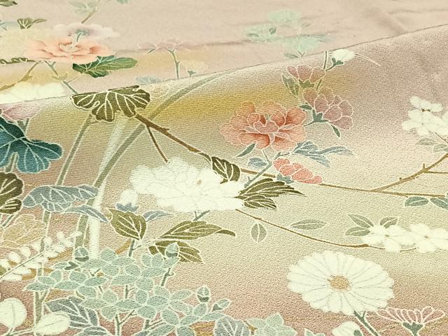 平和屋着物▽訪問着 単衣 草花文 暈し染め 金彩 正絹 逸品 AABC1714jh