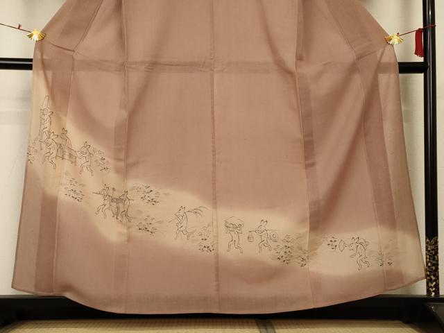 平和屋着物*夏物 色留訪問着 紗 紬地 手描き 鳥獣戯画 正絹 逸品 AABC1833jd
