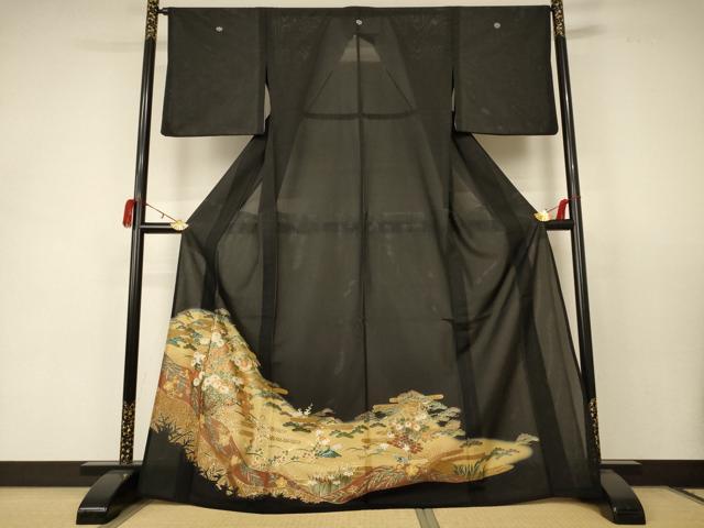 平和屋着物*夏物 黒留袖 絽 花車文 金彩 洗える着物 AABC1844jd