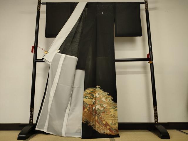 平和屋着物*夏物 黒留袖 絽 花車文 金彩 洗える着物 AABC1844jd