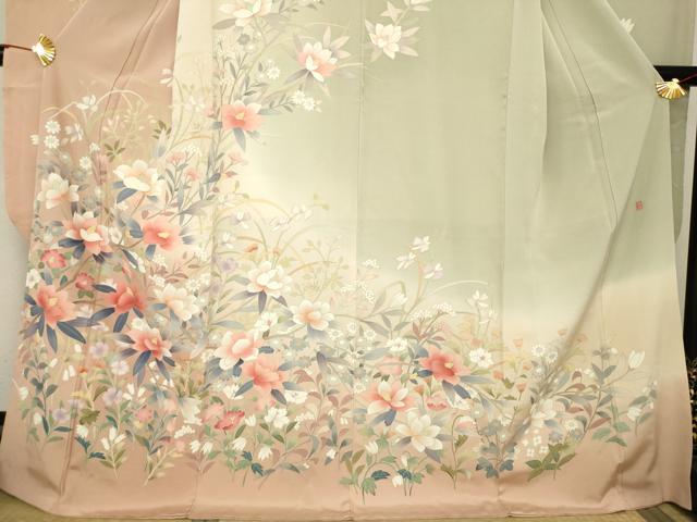 平和屋着物●豪華振袖・長襦袢(袷)セット 友禅 作家物 枝花文 暈し染め 正絹 逸品 AABC1947ck