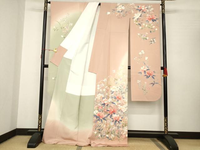平和屋着物●豪華振袖・長襦袢(袷)セット 友禅 作家物 枝花文 暈し染め 正絹 逸品 AABC1947ck