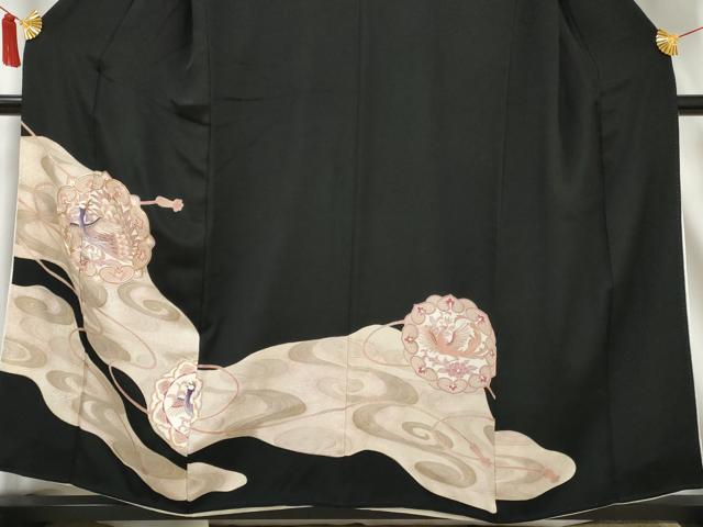 平和屋着物■豪華黒留袖 駒刺繍 孔雀花文 金彩 正絹 逸品 AABC2033gw