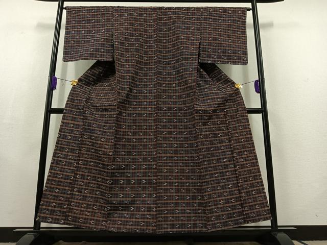 平和屋着物▽上質な紬 単衣 格子 正絹 逸品 AABC2217jh