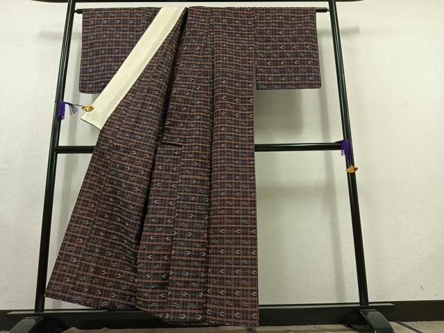 平和屋着物▽上質な紬 単衣 格子 正絹 逸品 AABC2217jh